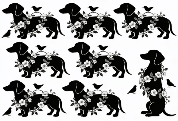 Dachshund Floral Silhouette Black Dog