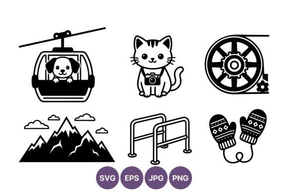 Dog Cat Mountain Wheel Mittens Vector